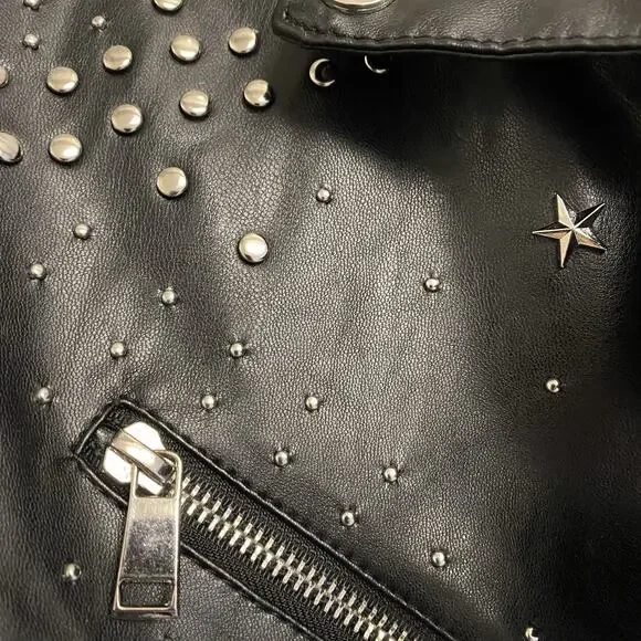 Coffee Bean Star Studded Faux Leather Fringe Black Moto Motorcycle Jacket Medium - Picture 6 of 13